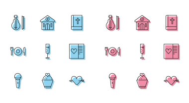 Sabit hat mikrofon, kalp, keman, aşk ve ok ile düğün pastası, bir bardak şampanya, kartpostal, çatal bıçak ve kilise binası ikonu. Vektör