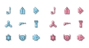 Kaplumbağa, dalış maskesi, şnorkel, balık, zıpkın, fener, tekne pervanesi, türbin ve Aqualung ikonu. Vektör