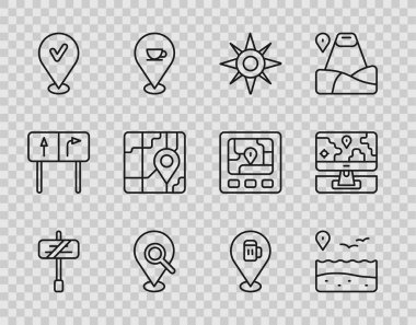 Hat çizgisi trafik levhası, plajlı konum, rüzgar gülü, arama yeri, kontrol işareti, şehir haritası navigasyonu, alkol veya bira barı ve işaretleyici simgesi. Vektör