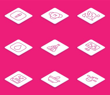 Pipette, Molekül, Gaz, Su damlası, Test tüpü şişesi, Kimya Formülü, Kimya kitabı ve Havan ve tokmak ikonu. Vektör