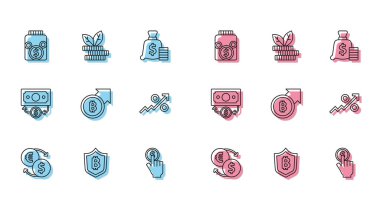 Para değişimi, bitcoin 'li kalkan, cam para kavanozu, el ele tutuşmalar, mali büyüme, okun yüzdesi, kağıt para yığını ve bitki ikonu. Vektör