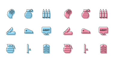 El bombası, polis lastik copu, hedef sporu, Chevron, askeri bere, ordu, İsviçre çakısı ve ikon. Vektör