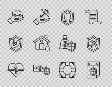 Hat Hayat Sigortası, Kalkanlı Takvim, Para, El Çantası, Sel Evi, Lifebuoy ve Uçak ikonu. Vektör