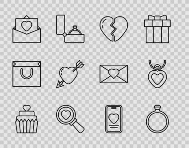 Sabit çizgili düğün pastası, Elmas nişan yüzüğü, Kırık, Arama ve Sevgi, Zarf Sevgilisi, Amour oku, Online randevu uygulaması sohbeti ve kolye şekilli ikon. Vektör