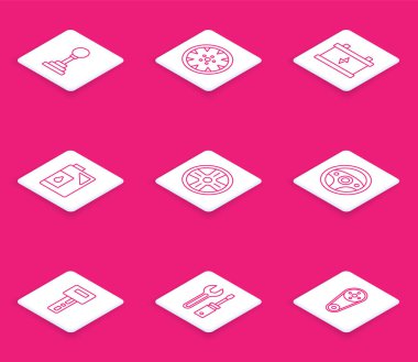 Hat değiştirici, Alaşımlı tekerlek, araba aküsü motor yağı için teneke kutu, direksiyon, uzaktan kumandalı ve tornavidalı anahtar ve anahtar anahtarı simgesi. Vektör