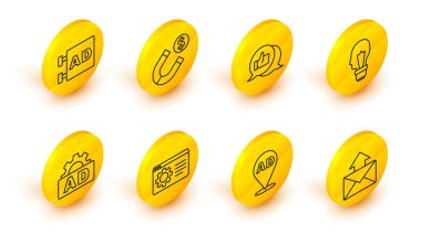 Satır Posta ve E-posta, Reklamcılık, Tarayıcı ayarları, Fikir sahibi ampul, Müşteri ürün derecesi, mıknatıs parası ve ikon. Vektör