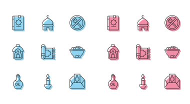 Temel yağ şişesi, yanan mum, Kuran 'ın kutsal kitabı, sadaka verin, geleneksel halı, tarih kasesi, Ramazan Kareem feneri ve Müslüman camisi ikonu. Vektör