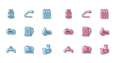 Metalik borular ve valf, yağ deposu, propan gazı, benzin test tüpü, benzin istasyonu, damla ve elektrik kablosu şarj ikonu ayarlayın. Vektör