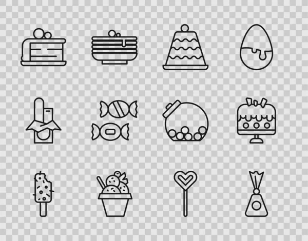 Set line Helado, Candy, Cake, en bowl, Pedazo de pastel, Piruleta y en el icono de la placa. Vector — Archivo Imágenes Vectoriales
