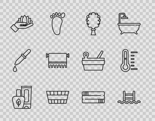 Ointment cream tube, Swimming pool with ladder, Sauna broom, bucket, Lotus flower, Towel on hanger, stack 및 온도계 아이콘. Vector — 스톡 벡터