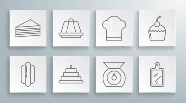 Set Hotdog-Sandwich, Pudding-Pudding, Kuchen mit brennenden Kerzen, Waage, Schneidebrett, Kochmütze und Symbol. Vektor — Stockvektor