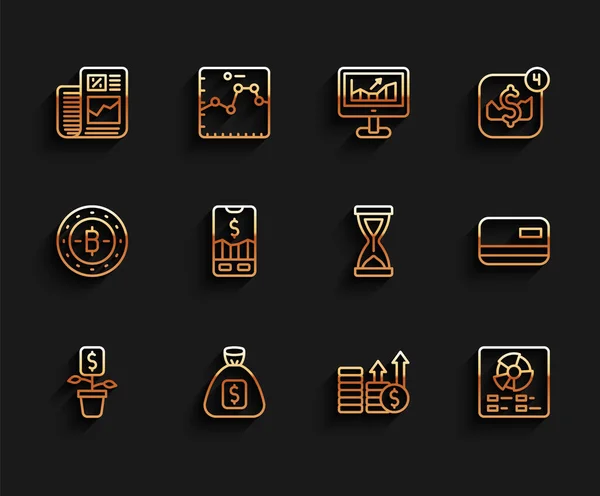 Establezca la línea de planta del dólar, bolsa de dinero, informe de finanzas de negocios, crecimiento financiero y dólar, infografía del gráfico del pastel, comercio de acciones móviles, tarjeta de crédito y el icono del reloj de arena viejo. Vector — Vector de stock