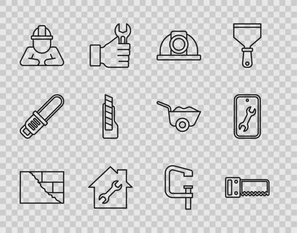 Definir linha tijolos, serra manual, capacete de segurança do trabalhador, reparação da casa, Construtor, faca de papelaria, ferramenta de parafuso braçadeira e ícone de serviço móvel. Vetor — Vetor de Stock