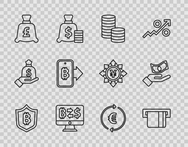 Set line Shield mit Bitcoin, Kreditkarte eingefügt, Münzgeld Dollar, Kryptowährungsumtausch, Pfund, Bergbau von Mobiltelefonen, Euro-Symbol und Hand halten Symbol. Vektor — Stockvektor