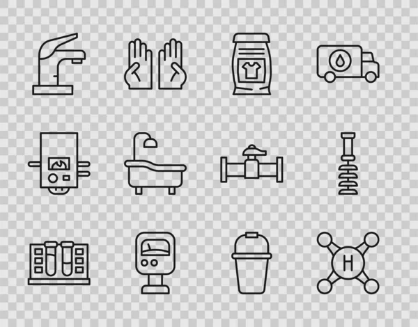 Set line Testbuis met waterdruppel, Waterkraan, Wasmiddel, Drukmeter, Badkuip, emmer en toiletborstel icoon. Vector — Stockvector