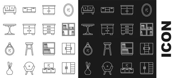 Set line Armoire, Étagère avec livres, Table de chevet pour meubles, Table ronde, Canapé et icône. Vecteur — Image vectorielle