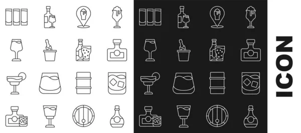 Set line Bottle of cognac or brandy, Glass whiskey, Alcohol drink Rum, beer bar location, Champagne ice bucket, Wine glass, Shot and Beer bottle icon. Vector — Stock Vector