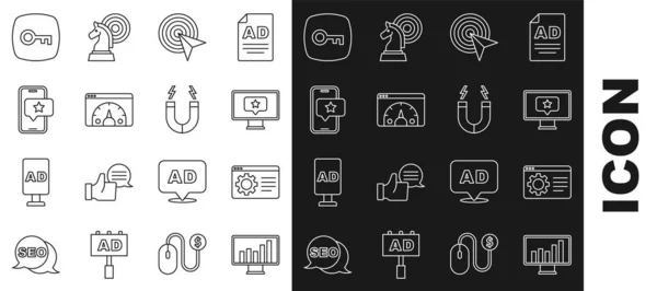 Réglez le moniteur de ligne avec graphique, paramètre du navigateur, étoile, cible, statistiques du site Web, évaluation de la revue mobile, icône clé et aimant. Vecteur — Image vectorielle