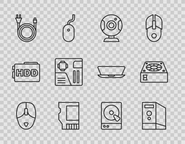 Satır Bilgisayar faresi, Bilgisayar Vakası, Web kamerası, SD kart, Elektrik prizi, Anakart dijital çip, Hard disk sürücüsü HDD ve daha havalı simge ayarla. Vektör