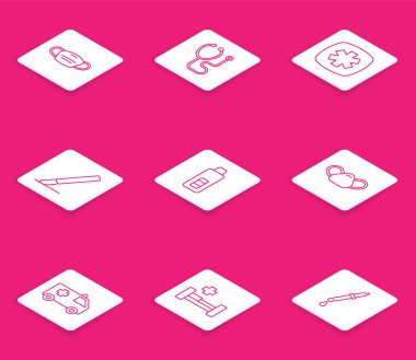 Hat hattı koruyucu maskesi, steteskop, acil durum yıldızı, cerrahi neşter, dijital termometre, ambulans arabası ve hastane yatak ikonu. Vektör