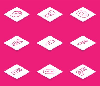 Erkekler için düz çizgi saç stili, tıraş fırçası, bıyık ve sakal, saç maşası, elektrikli tıraş bıçağı, saç fırçası, jöle köpüğü ve bıçak ikonu. Vektör