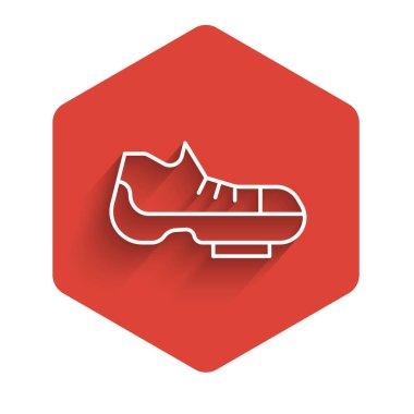 Uzun gölgeli beyaz çizgi triatlon bisiklet ayakkabı ikonu. Spor ayakkabılar, bisiklet ayakkabıları. Kırmızı altıgen düğmesi. Vektör