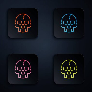Renkli neon çizgisi Skull simgesi siyah arkaplanda izole edildi. Kaptan Korsan. Mutlu Cadılar Bayramı Partisi. Kare düğmelere simgeleri yerleştir. Vektör