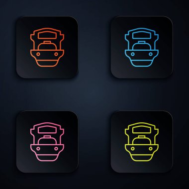 Renkli neon hattı petrol tankeri simgesi siyah arkaplanda izole edildi. Kare düğmelere simgeleri yerleştir. Vektör