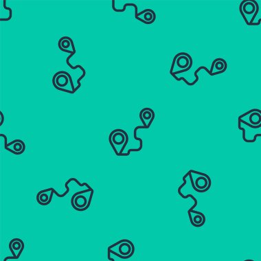 Mavi çizgi rota simgesi yeşil arkaplanda izole edilmiş pürüzsüz desen. Harita işaretçisi işareti. Yol ya da yol kavramı. GPS navigatörü. Vektör