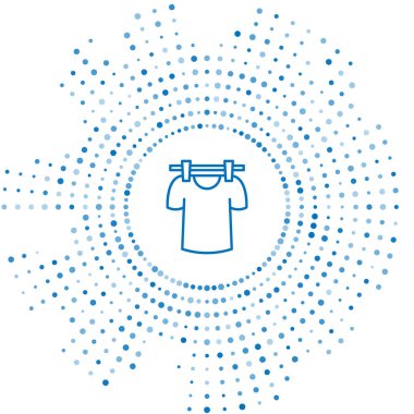 Mavi çizgi Kurutma ikonu beyaz arkaplanda izole edildi. Temiz gömlek. Çamaşırları çamaşır mandallarıyla iple yıka. Kıyafet bakımı ve düzenlilik. Soyut çember rastgele noktalar. Vektör