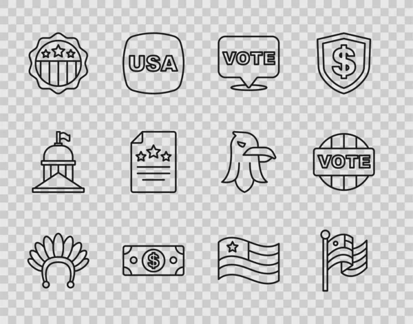 Impostare linea copricapo indiano con piume, bandiera americana, Voto, Pile denaro cartaceo, USA Giorno dell'indipendenza, Dichiarazione di indipendenza, e l'icona. Vettore — Vettoriale Stock
