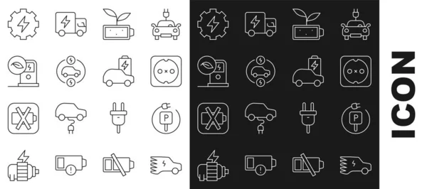 Ligne de consigne Voiture électrique, parking de charge électrique, prise électrique, batterie feuille Eco nature, station de charge, engrenage et la foudre et l'icône. Vecteur — Image vectorielle