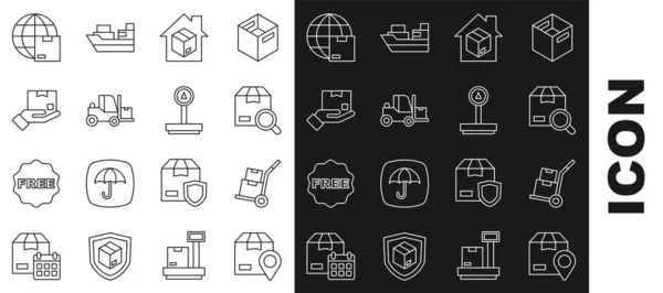 Set line Helyszín kartondobozzal, kézikocsival és dobozokkal, Csomag keresése, Házhozszállítás, Villástargonca, Kézbesítés, Világszerte szállítás és Méretarány ikon. Vektor — Stock Vector