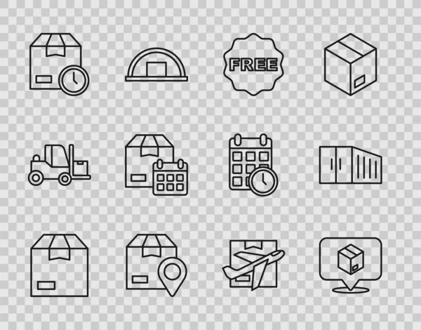 Set line kartónové krabice, Umístění s, rýžový štítek zdarma, Kartónové hodiny, kalendář, Letadlo a kontejner ikona. Vektor — Stockový vektor