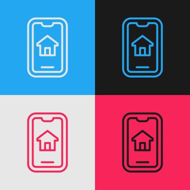 Pop Art Line Online emlak evi akıllı telefon ikonundaki renk arkaplanı izole edilmiş. Ev kredisi konsepti, kira, satın alma, mülk alma. Vektör
