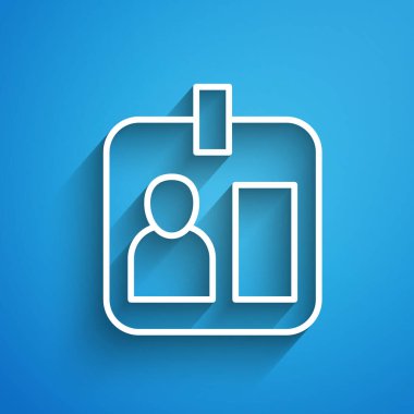 Beyaz çizgi Basın gazetecisinin dikey rozet simgesi mavi arkaplanda izole edildi. Medya kimlik kartı. Uzun gölge. Vektör