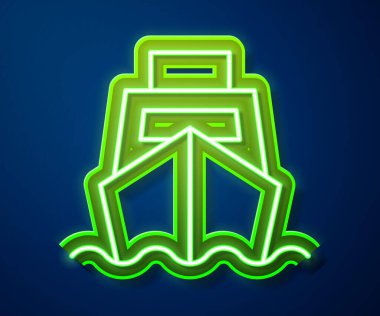 Mavi arkaplanda kutulu servis ikonu olan parlak neon hattı kargo gemisi. Teslimat, ulaşım. Paketleri, kutuları, malları olan bir şilep. Vektör