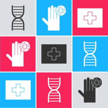 DNA sembolünü, virüslü eli ve ilk yardım çantasının simgesini ayarla. Vektör