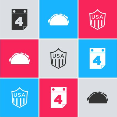 Takvimi 4 Temmuz, Taco tortilla ve Shield yıldızları ikonu ile ayarla. Vektör