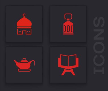 Kur 'an' ın kutsal kitabı, Müslüman camisi, Ramazan Kareem feneri ve gaz lambası ikonu. Vektör