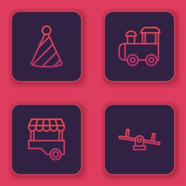 Parti şapkası, Fast Street yemek arabası, oyuncak tren ve tahterevalli. Mavi kare düğme. Vektör