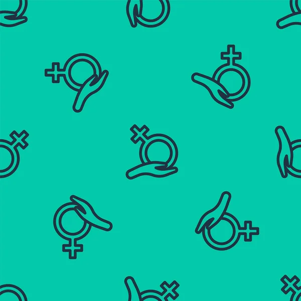 Blue line Female gender symbol icon isolated seamless pattern on green background. Venus symbol. The symbol for a female organism or woman. Vector — Stock Vector