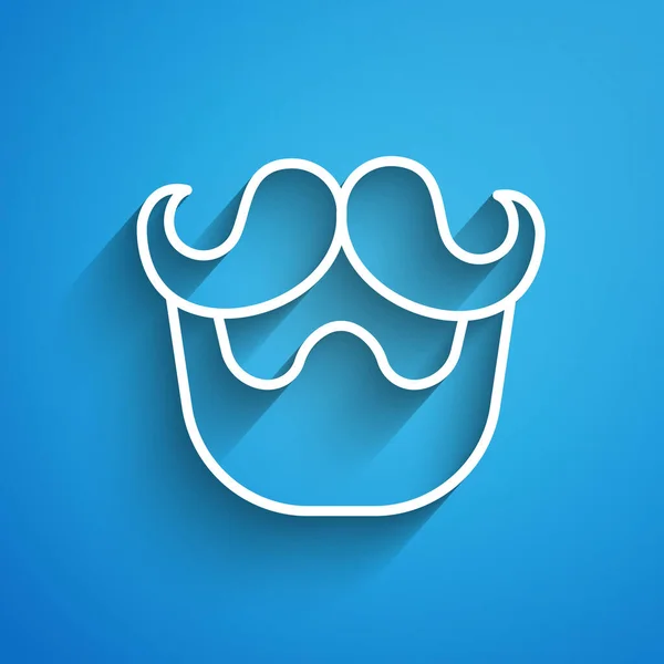 Línea blanca Icono de bigote y barba aislado sobre fondo azul. Símbolo de barbería. Estilo de pelo facial. Larga sombra. Vector — Archivo Imágenes Vectoriales