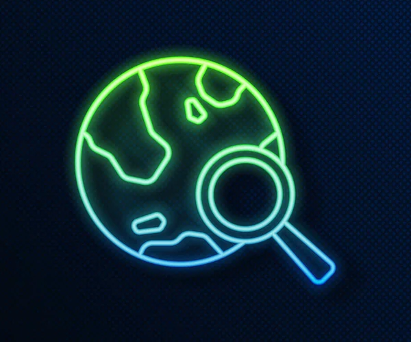 Mavi arka planda izole edilmiş dünya ikonu olan parlak neon çizgisi büyüteç. Dünyayı analiz ediyorum. Küresel arama işareti. Vektör