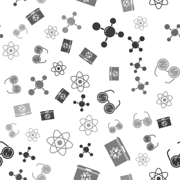 Set Molecule, Bactéries sur ordinateur portable, Lunettes de laboratoire et Atome sur motif sans couture. Vecteur — Image vectorielle