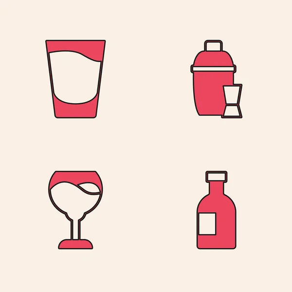 Set Glass bottle of vodka, Shot glass, Cocktail shaker and Wine icon. Vector — Stock Vector