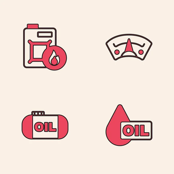 Set Oil drop, kanystr na motorový olej, motorový plynoměr a ikonu skladování v nádrži. Vektor — Stockový vektor