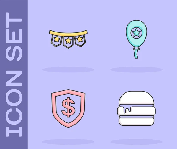 Set Burger, Carnaval slinger met vlaggen, Shield dollar en ballonnen pictogram. Vector — Stockvector