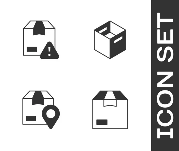 Conjunto de caja de cartón de cartón, seguridad de entrega con escudo, ubicación e icono. Vector — Vector de stock