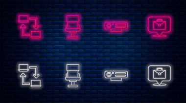 Ofis koltuğu, web kamerası, online çalışma ve... Tuğla duvarda parlayan neon simgesi. Vektör